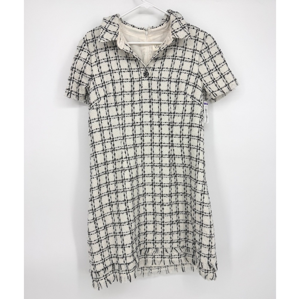 Eliza J Womens Black White Windowpane Tweed Shift Dress Peter Pan Collar Size 12